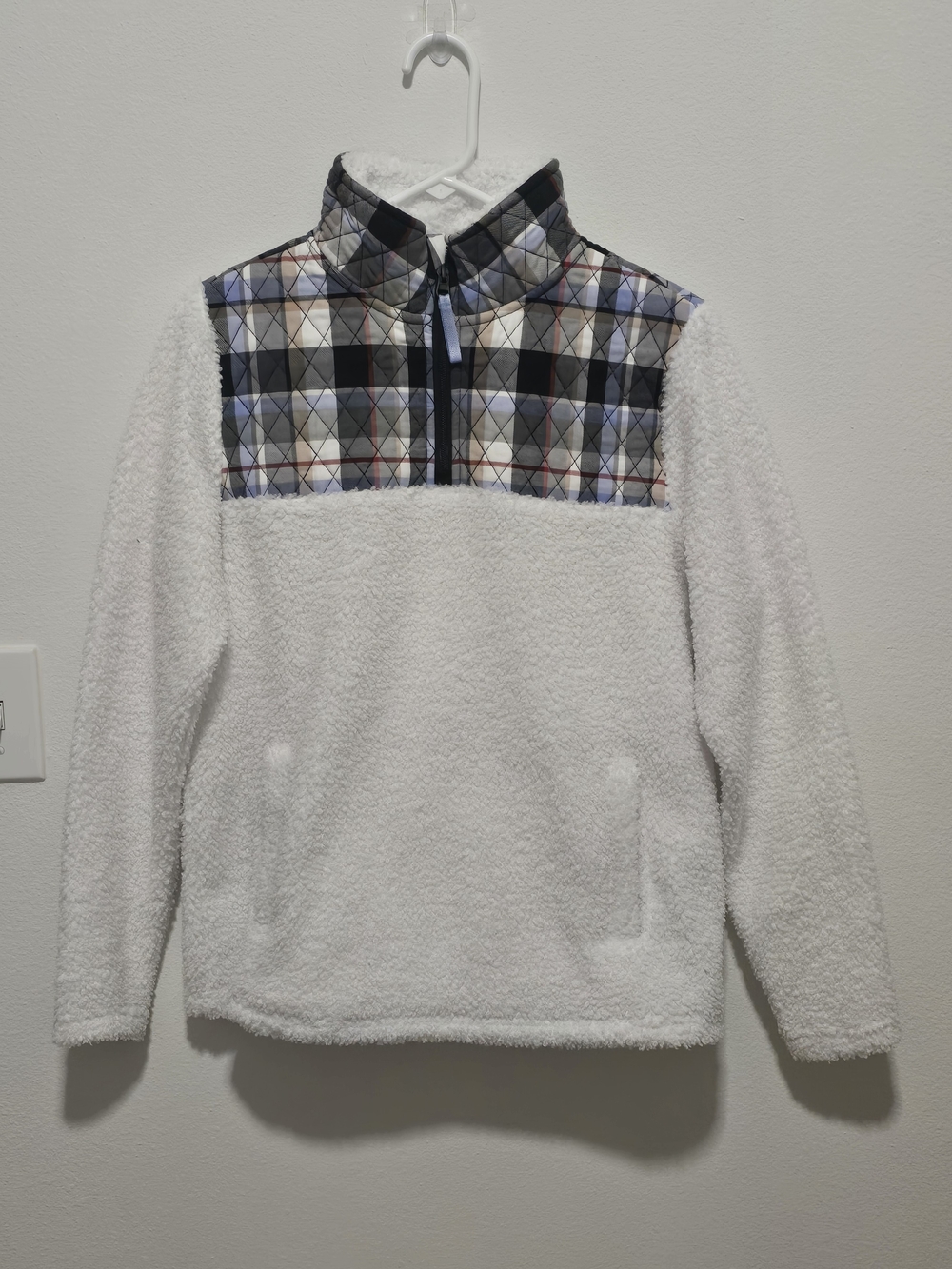 Vera Bradley White Sherpa Half-Zip Pullover with Plaid Yoke